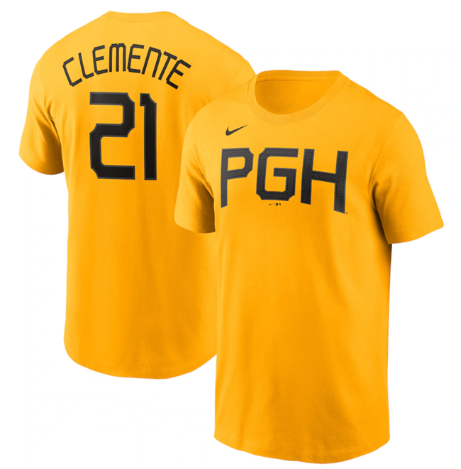 Men's Pittsburgh Pirates #21 Roberto Clemente Gold 2023 City Connect Name & Number T-Shirt